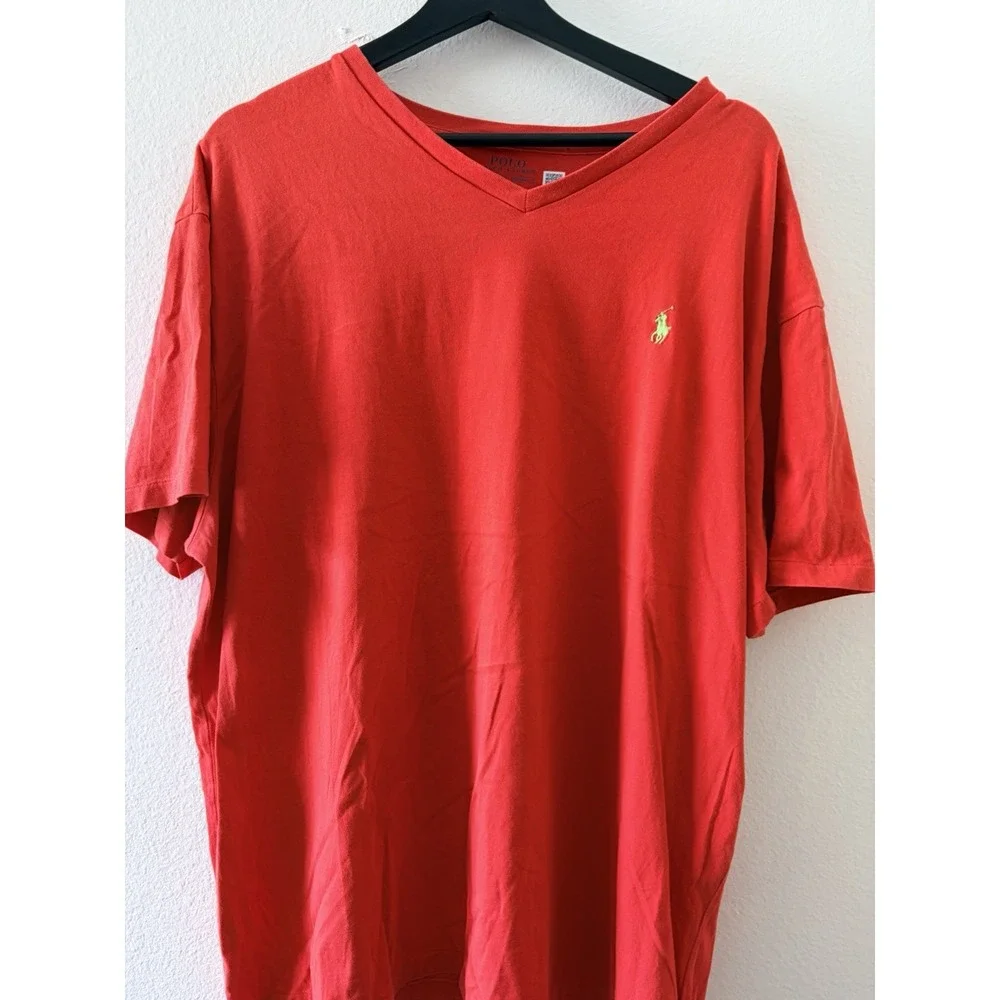 Polo Ralph Lauren Men's Red V-Neck T-Shirt Classic Fit Size XL Neon Green Logo